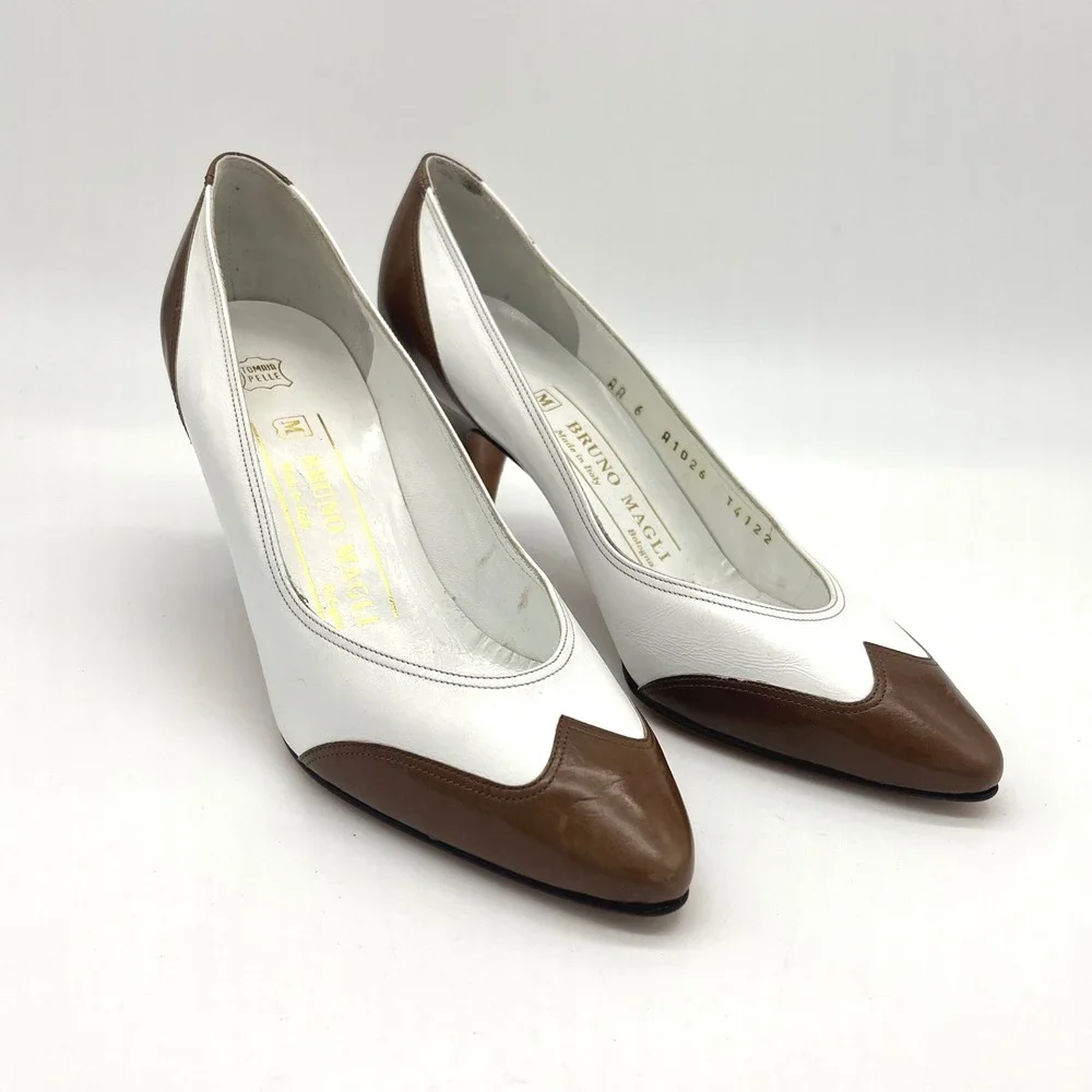 Bruno Magli Leather‎ Pumps Heels Brown White Pointed Toe Italy Size 6 AA